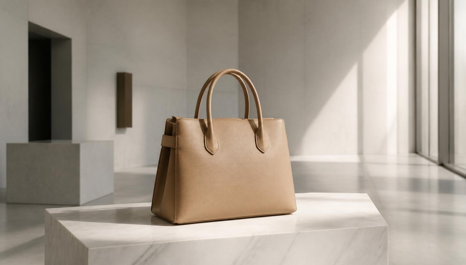 Unbranded leather bag staged on a marble plinth in an empty gallery space