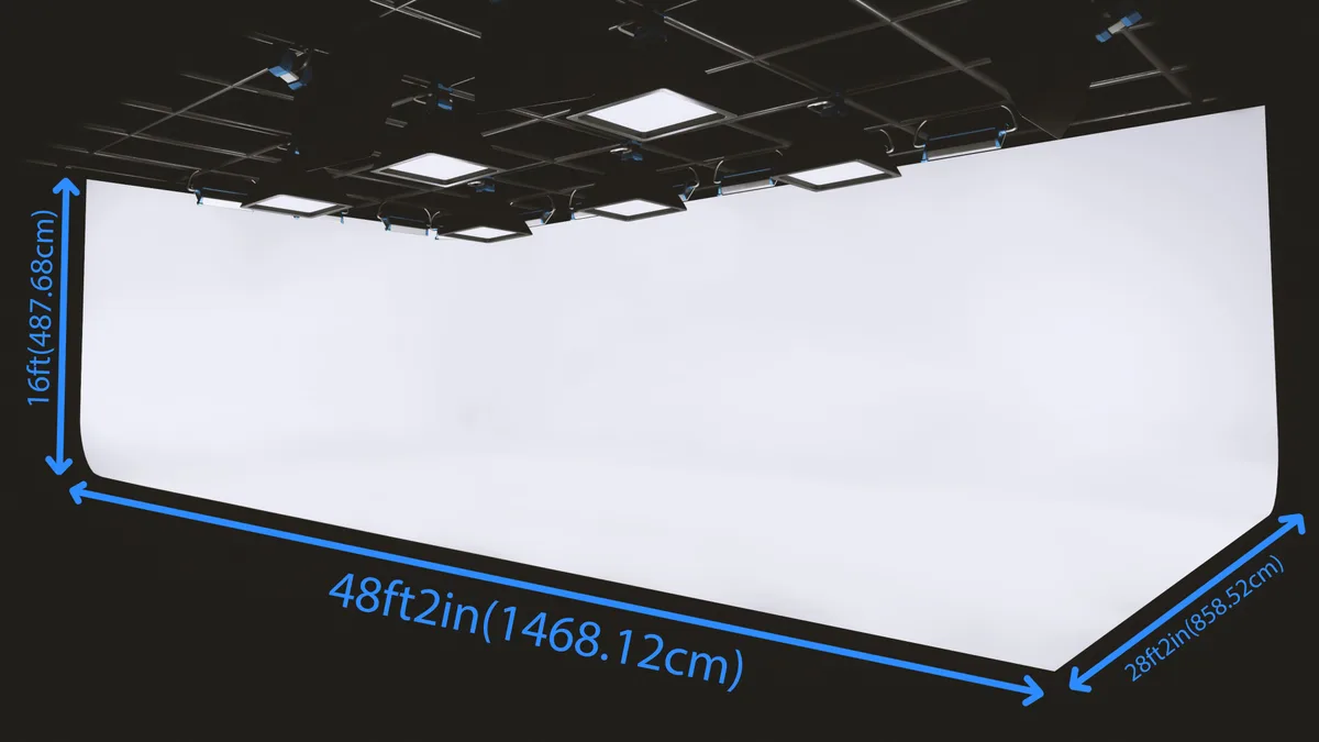 Expansive White Cyclorama Stage with LED Lighting, 557 sqm, video production, pop-up rental in Mississauga, second interior…