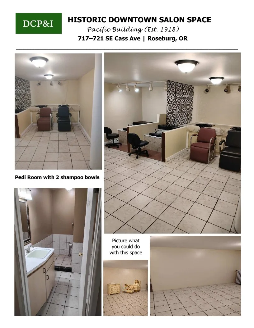 Historic Downtown Salon Space in the Pacific Building, 335 sqm, retail activation, pop-up rental in Roseburg, second interio…