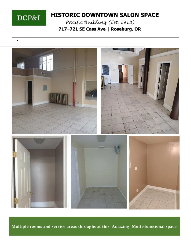 Historic Downtown Salon Space in the Pacific Building, 335 sqm, retail activation, pop-up rental in Roseburg, third interior…