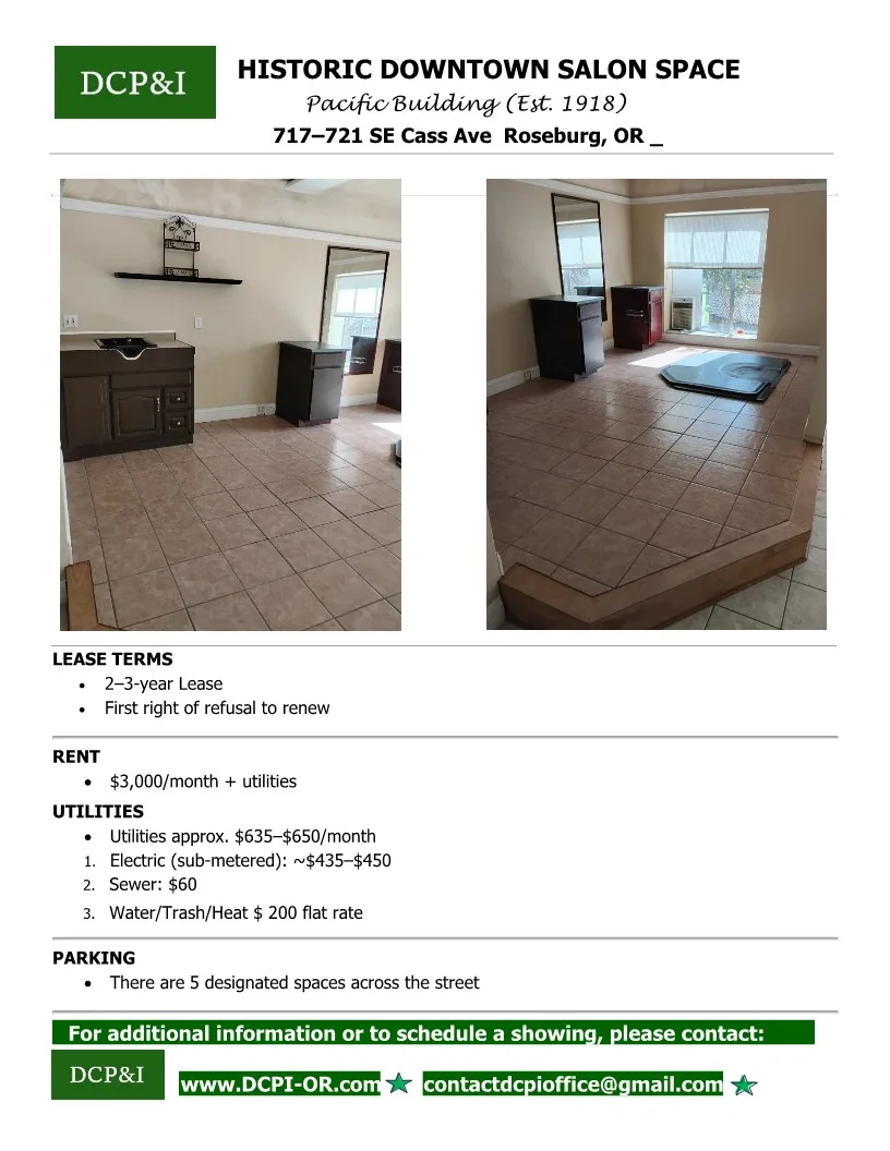 Historic Downtown Salon Space in the Pacific Building, 335 sqm, retail activation, pop-up rental in Roseburg, additional int…